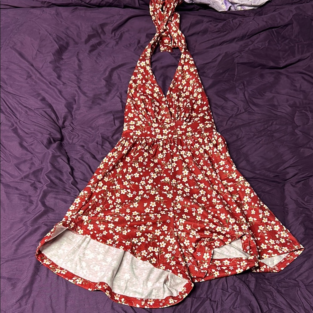 Huhot Dark Red Floral Backless Halter Minidress Size Small